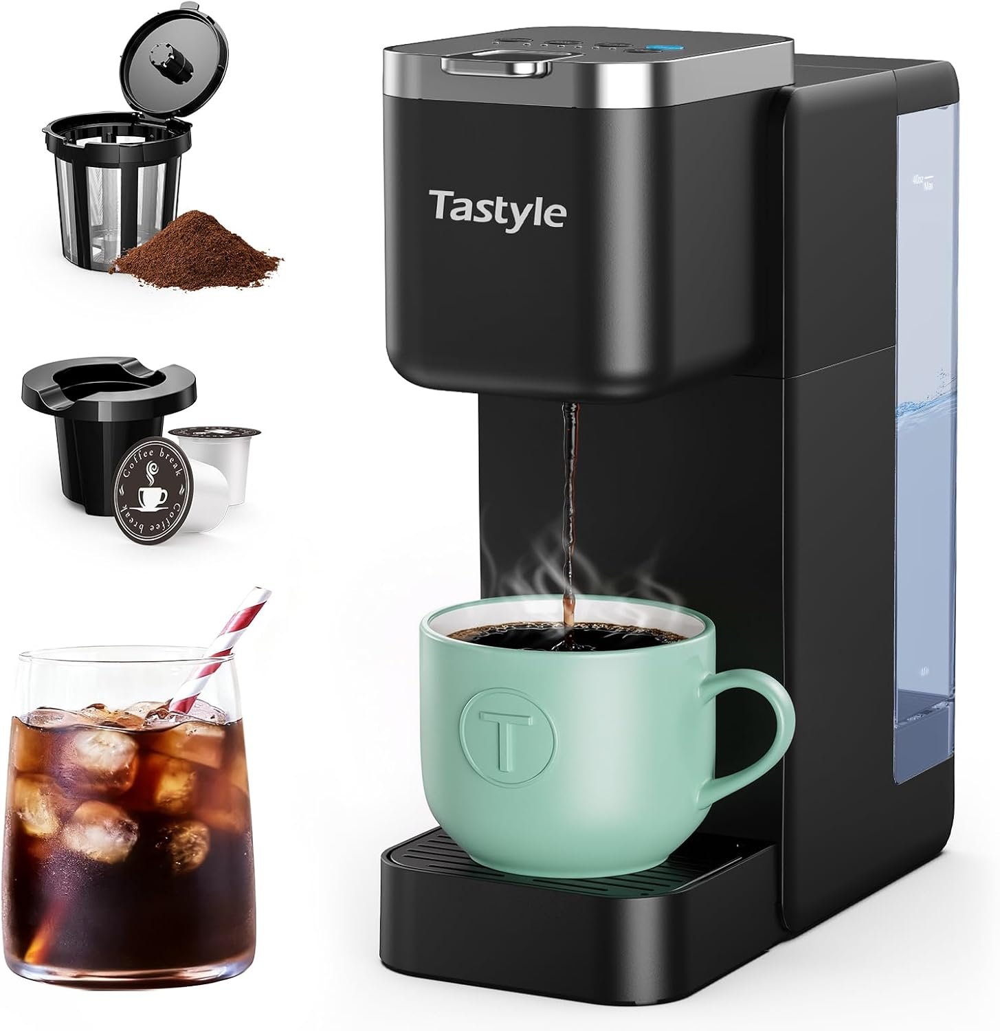 Tastyle single serve coffee maker in black with its capsule holder and reusable ground filter