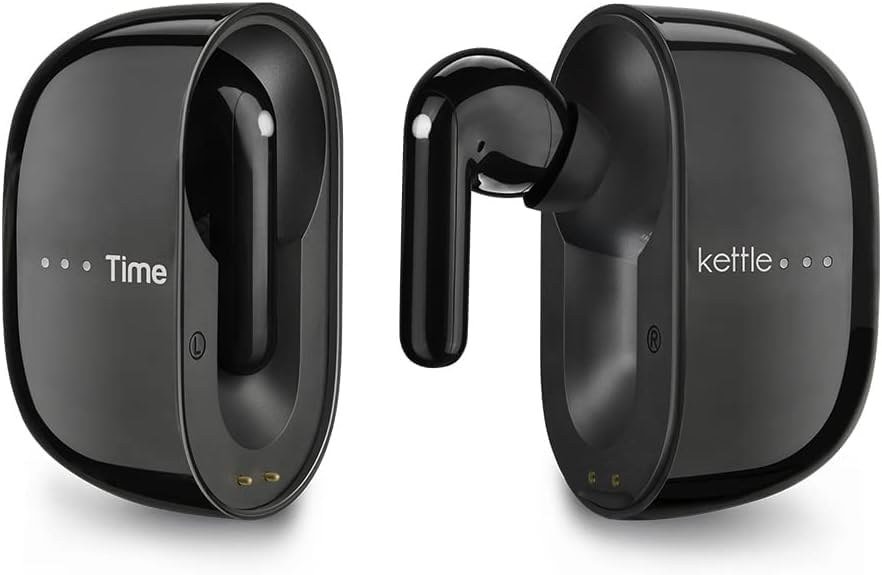 Timekettle M3 translator earbuds in black with their split charging case