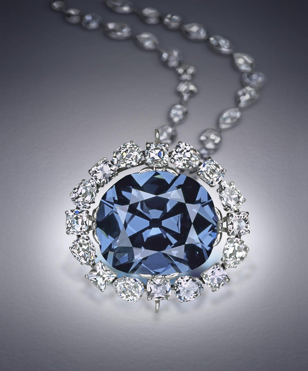The 45.52-carat blue Hope Diamond in its diamond-ringed pendant