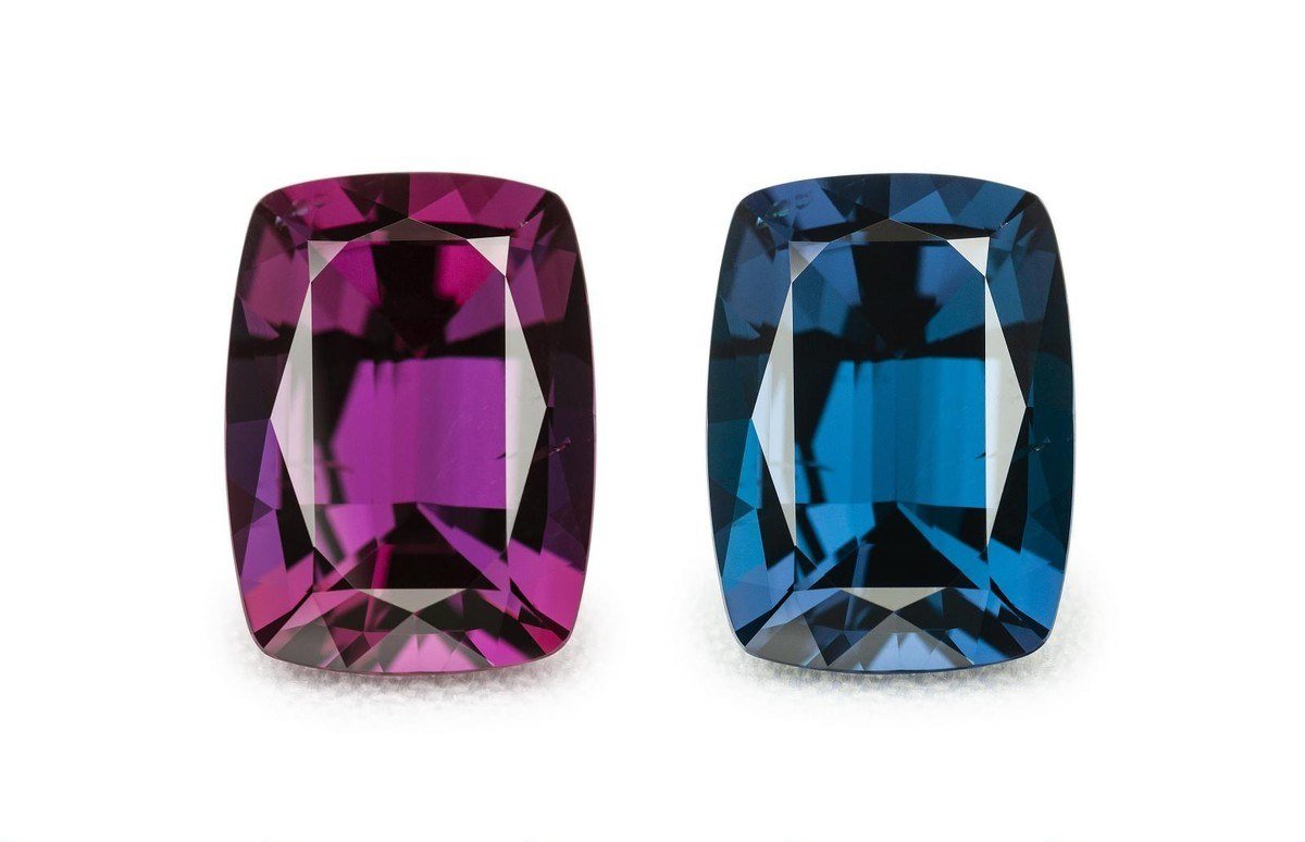 The 17.08-carat Whitney Alexandrite shown in two lights