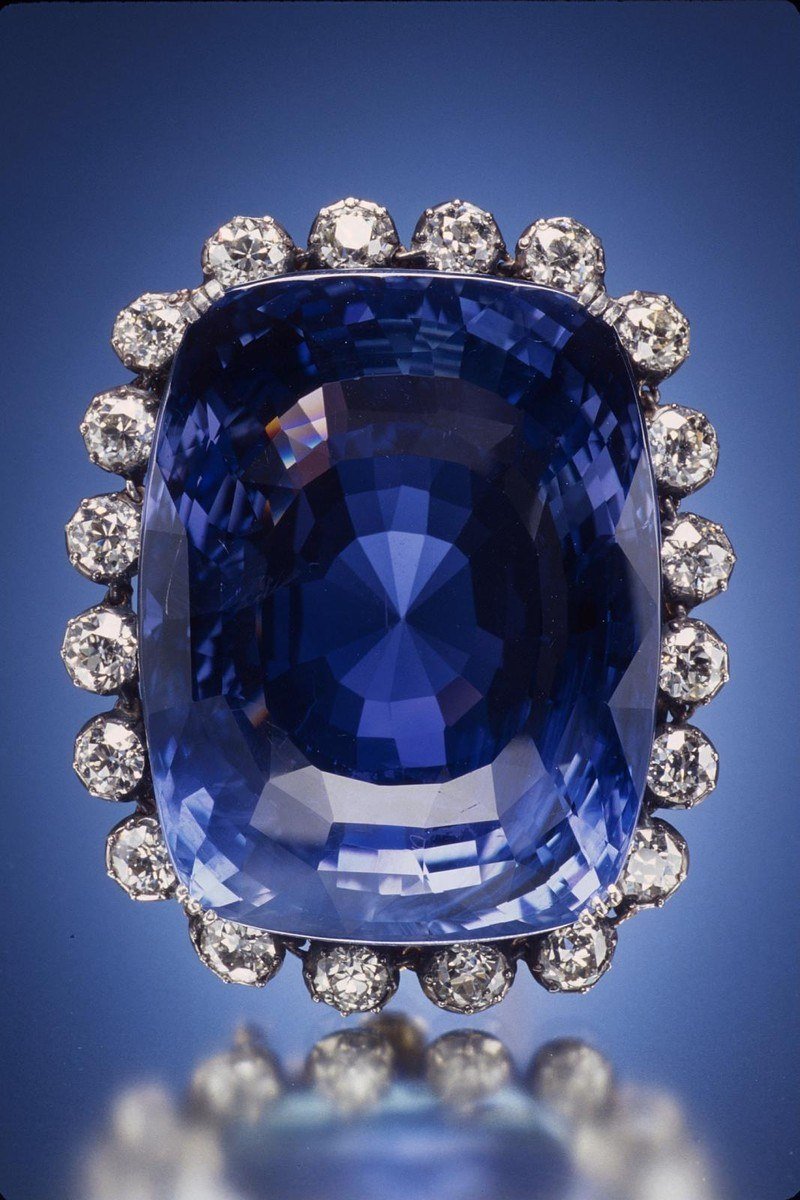 The 423-carat Logan Sapphire, a blue cushion-cut stone ringed by diamonds