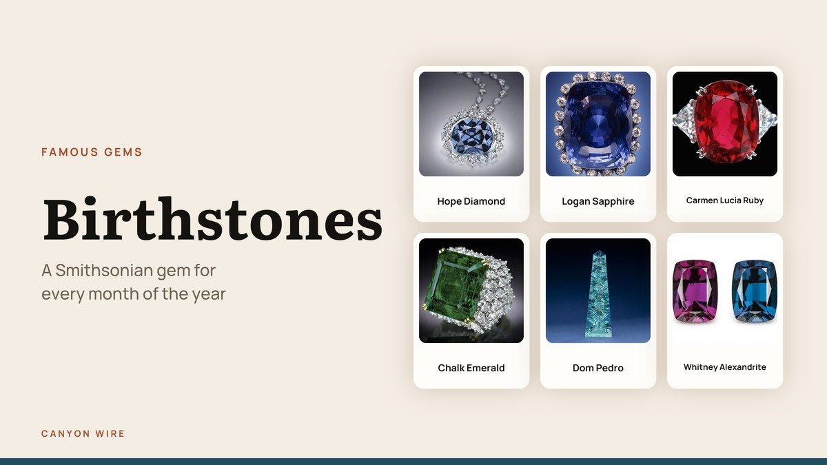 Birthstones headline beside a hardness ladder of birthstones from pearl to diamond