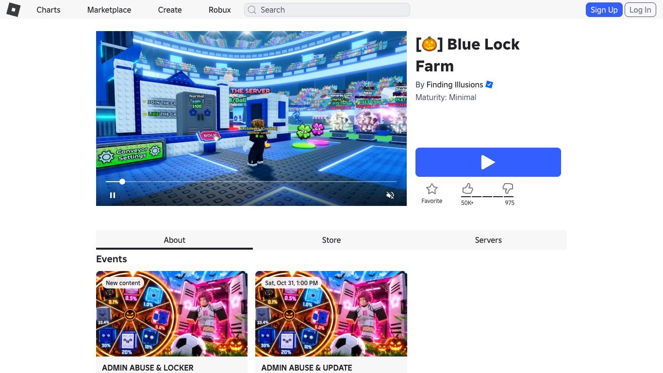 Blue Lock Farm page on Roblox with its in-game events listed below the play button