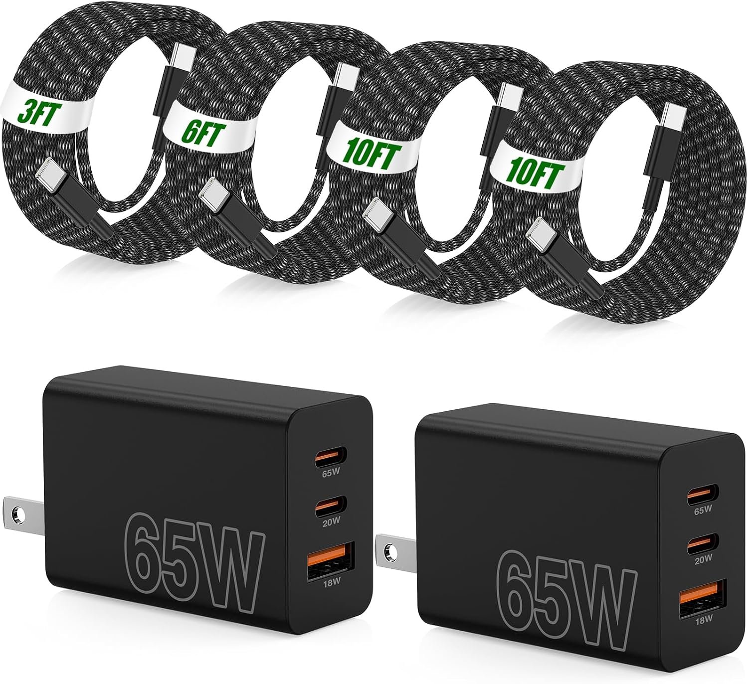 Cabepow 65W three-port USB-C charger block with long cables for Samsung Galaxy