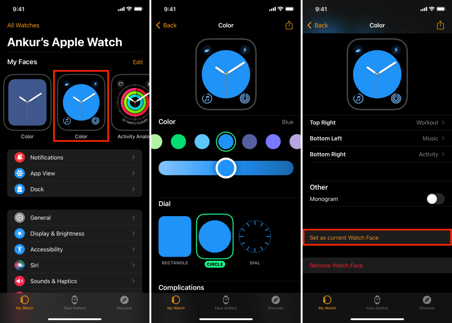 Watch face editor in the Apple Watch app showing colour, dial and complication options
