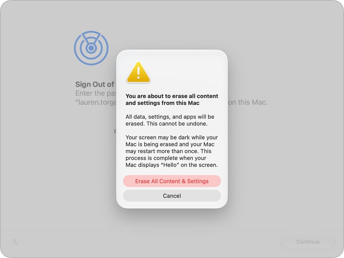 macOS 27 Erase Assistant warning that all content and settings will be erased from the Mac