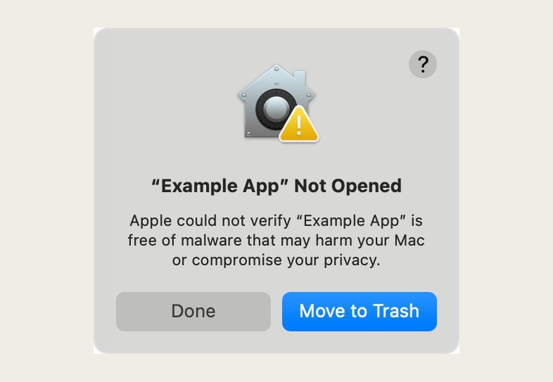 macOS alert saying Apple could not verify an app is free of malware, with Done and Move to Trash buttons