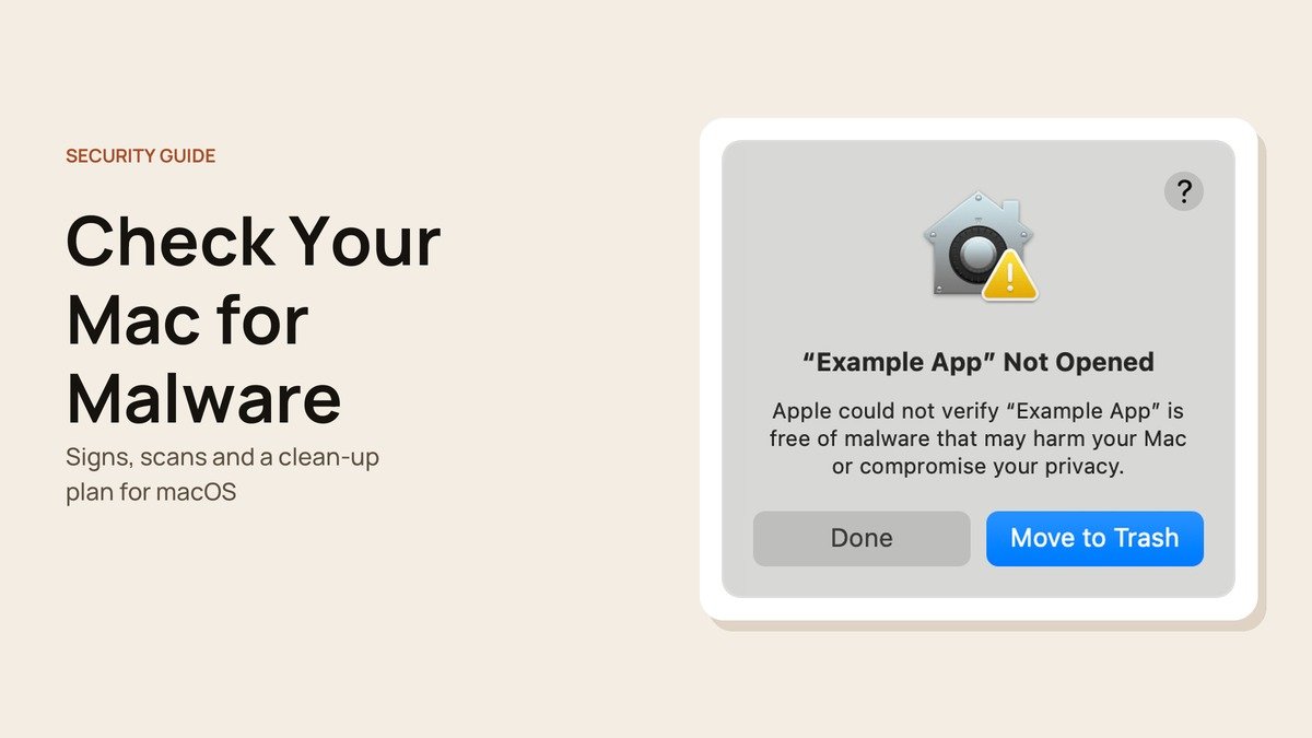 Check Your Mac for Malware headline beside a macOS app not opened warning