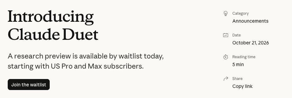 Anthropic announcement page headed Introducing Claude Duet, dated October 21, 2026, offering a waitlist for US Pro and Max subscribers