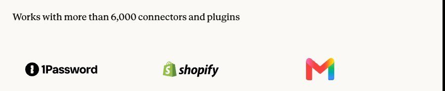 Anthropic line reading Works with more than 6,000 connectors and plugins above the 1Password, Shopify and Gmail logos