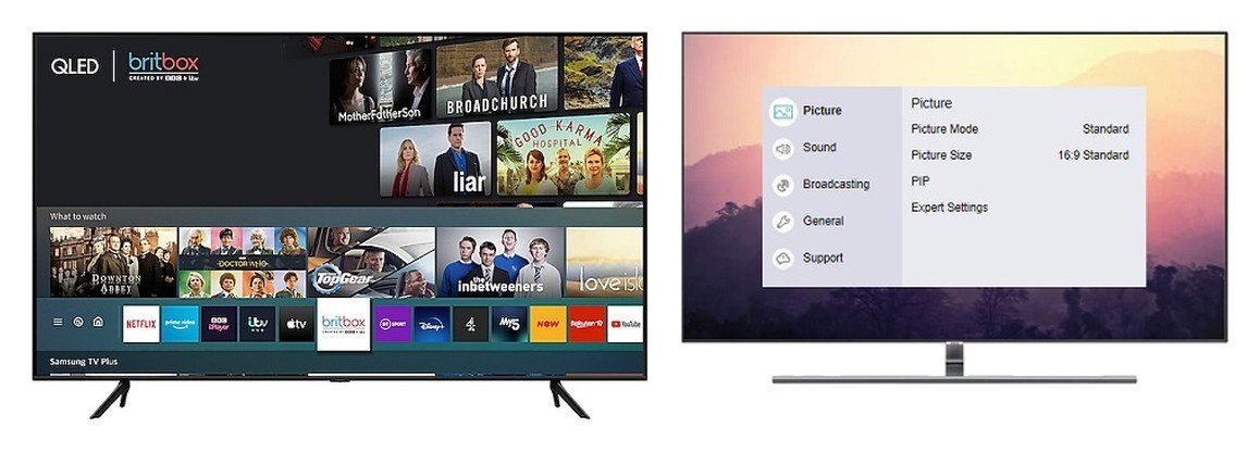 A current Samsung TV home screen beside the Samsung settings menu with Picture, Sound, Broadcasting, General and Support