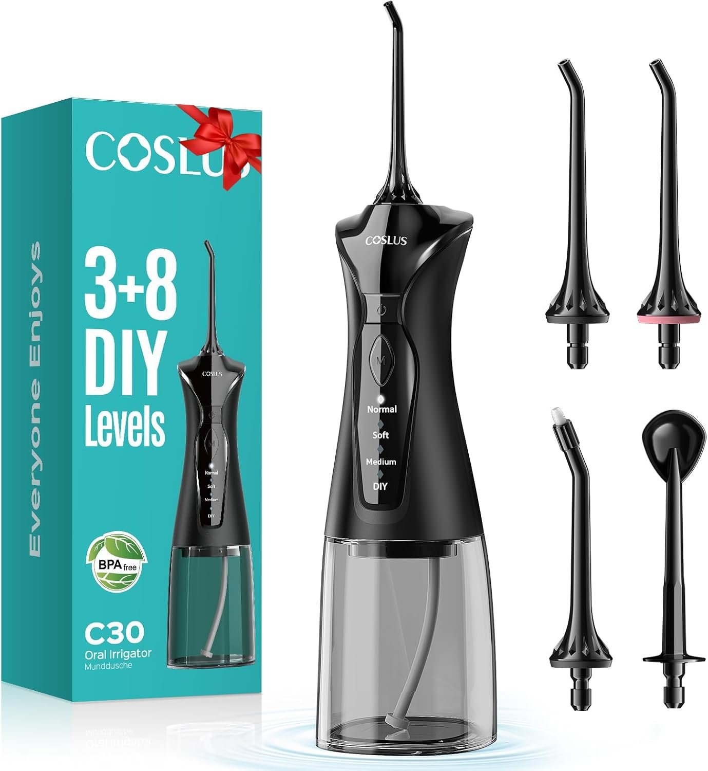 COSLUS C30 cordless water dental flosser in black with a wide-mouth tank