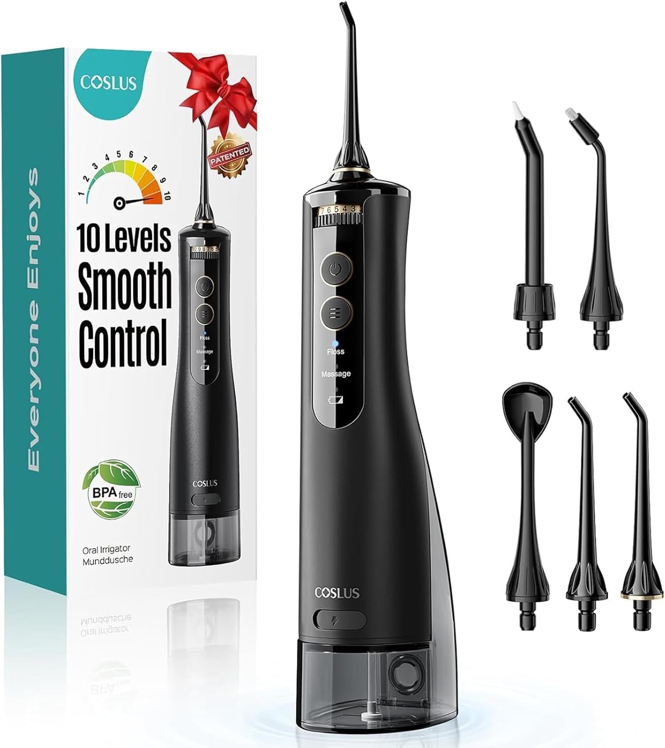 COSLUS E40 ADA Accepted water dental flosser in black with multiple nozzles