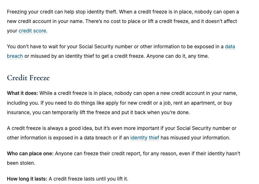 FTC explanation of what a credit freeze does, who can place one and how long it lasts