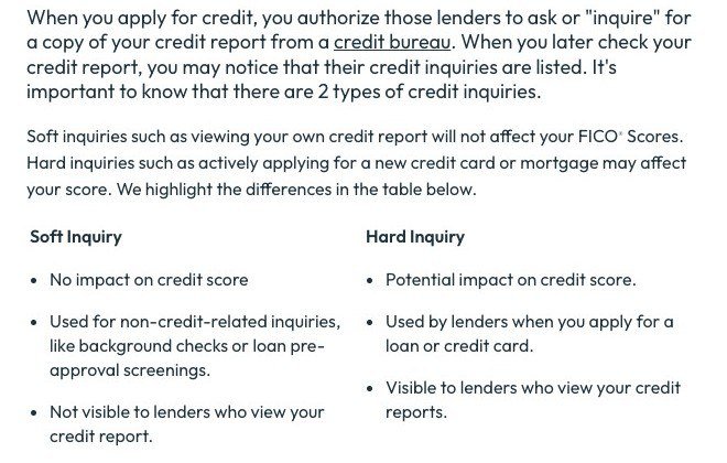 myFICO comparison of soft and hard credit inquiries and their effect on a score
