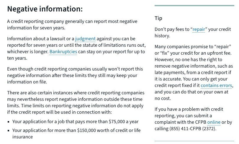 CFPB page on negative information staying seven years and bankruptcies up to ten years