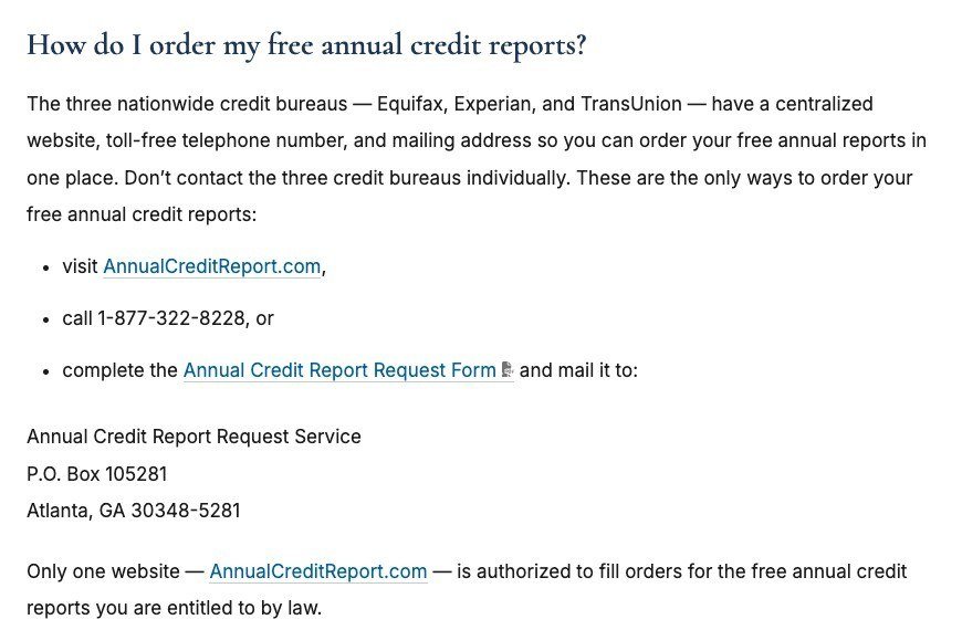 FTC instructions for ordering free credit reports online, by phone at 1-877-322-8228 or by mail