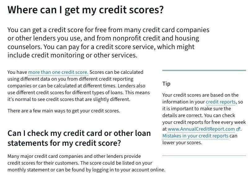 CFPB page explaining where to get credit scores, from card statements to nonprofit counselors