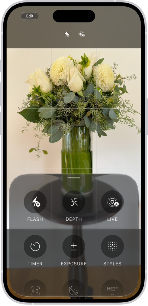 iPhone Camera app with the camera tools menu open above the mode selector