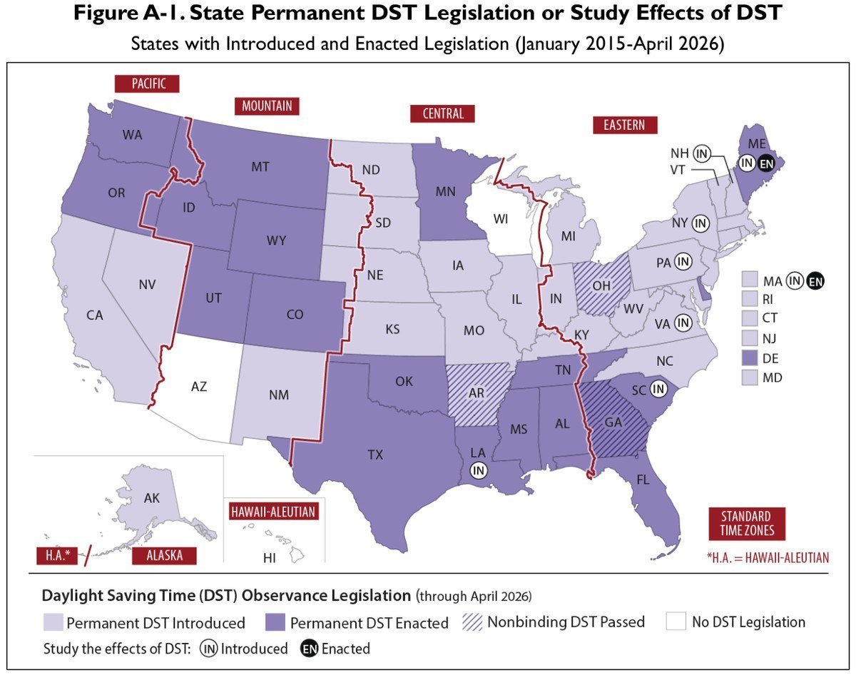 CRS map of states that enacted or introduced permanent daylight saving time legislation through April 2026