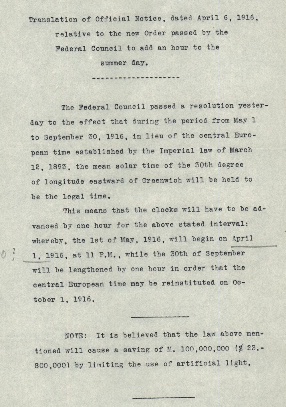 Translation of Germany's April 6, 1916 order advancing clocks one hour from May 1 to September 30, 1916