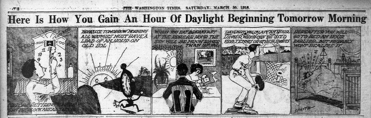 Washington Times comic strip of March 30, 1918 explaining how readers gain an hour of daylight the next morning