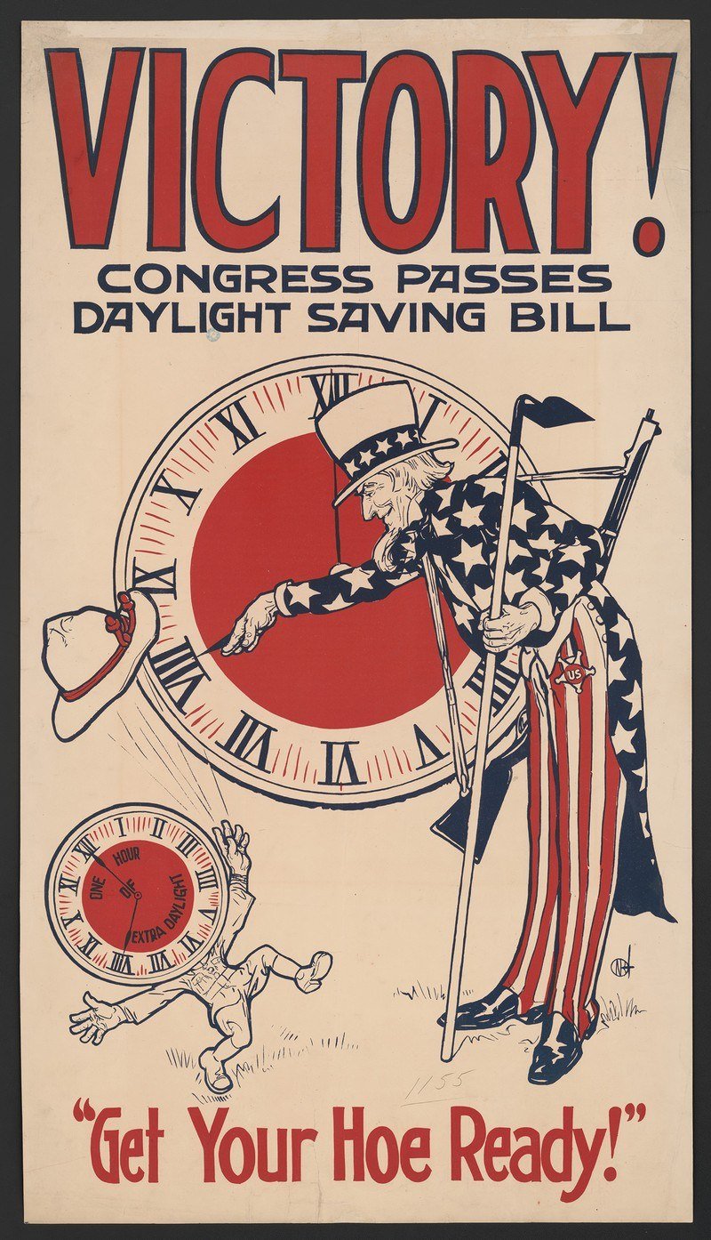 1918 poster reading Victory! Congress passes daylight saving bill, with Uncle Sam moving a clock hand