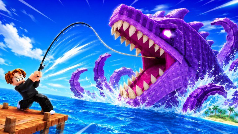 A player fishing in front of a purple kraken in Deep Fishing
