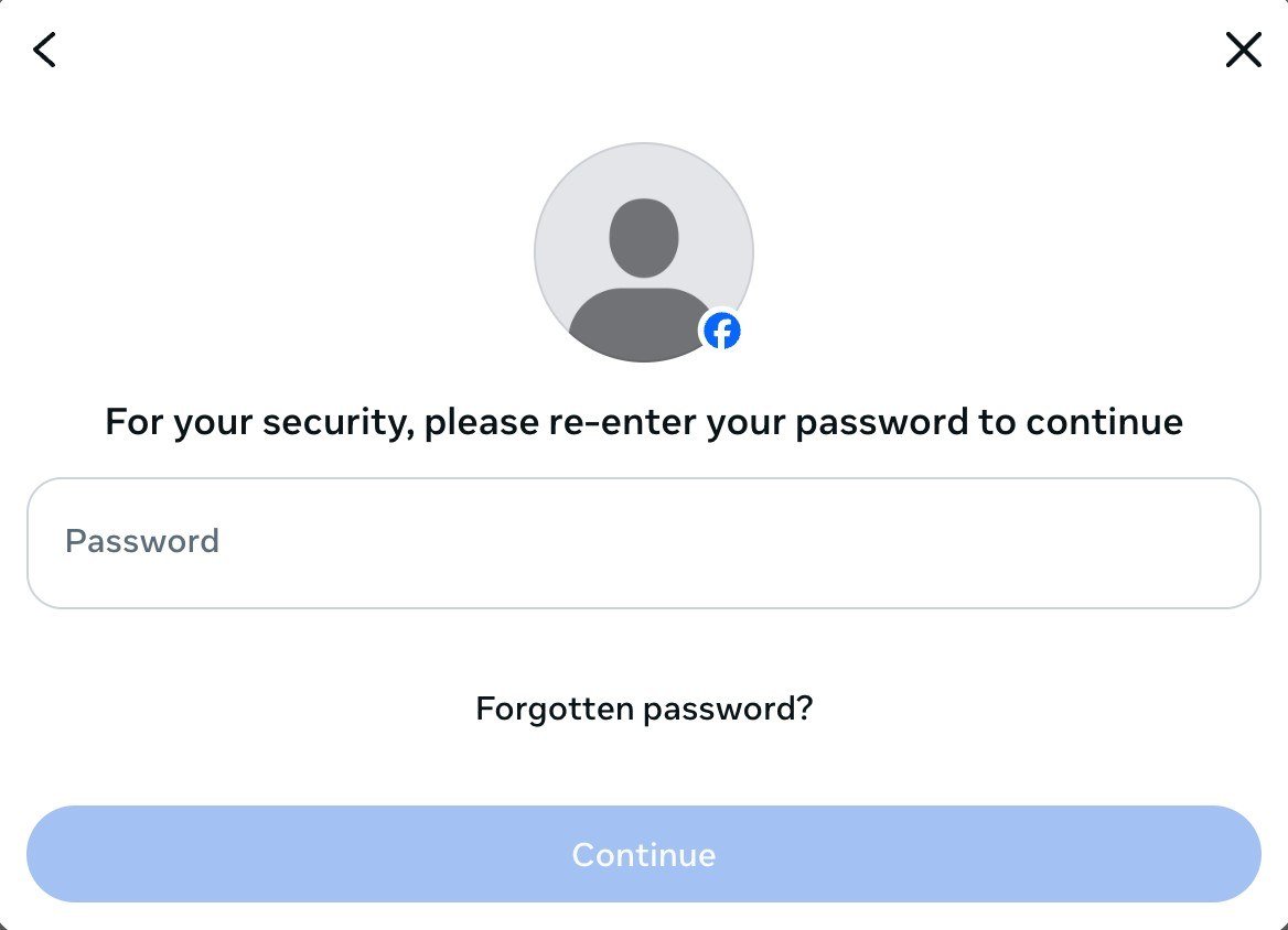 Facebook prompt asking you to re-enter your password before the deletion continues