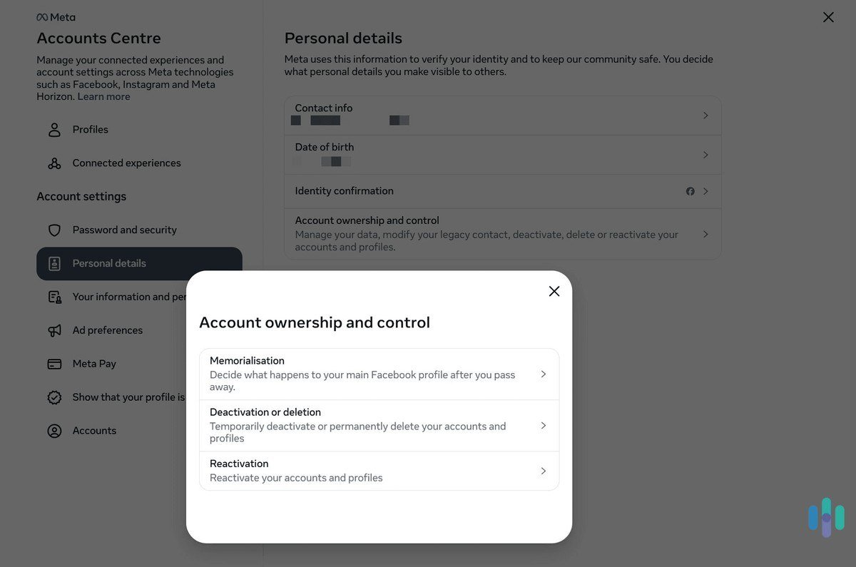 Account ownership and control dialog on desktop listing Memorialization, Deactivation or deletion and Reactivation