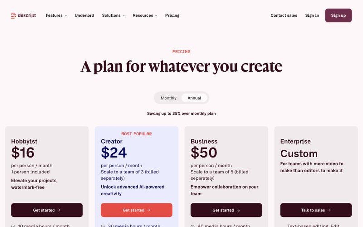 Descript pricing page showing the Hobbyist, Creator, Business and Enterprise plans