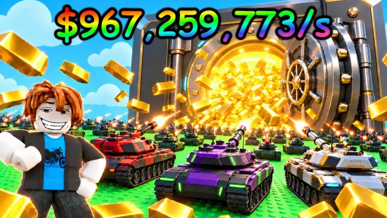 Destroy a Vault avatar beside a tank army and an open vault of gold on Roblox