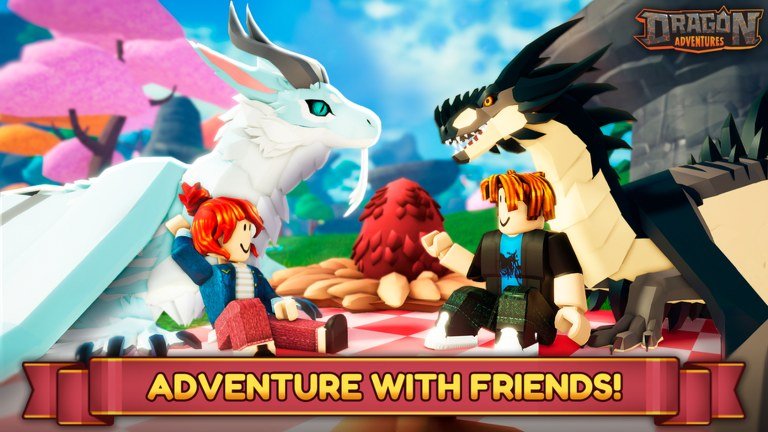 Two Roblox players picnicking beside a white dragon and a black dragon in Dragon Adventures