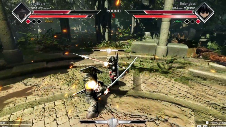Two fighters in a forest arena during round three of a Dueling Grounds match