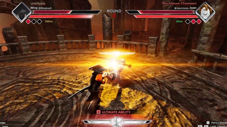 A fighter triggering an ultimate ability in a lava lit Dueling Grounds arena
