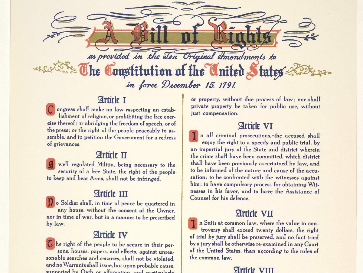 1950 Bill of Rights broadside with Article I guaranteeing freedom of religion, speech, press, assembly and petition