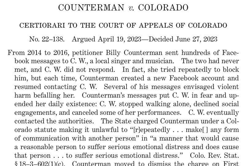 Syllabus of Counterman v. Colorado, decided June 27, 2023, describing the Facebook messages at issue