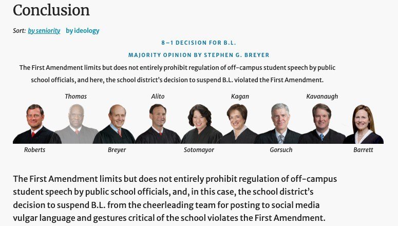 Oyez conclusion for Mahanoy Area School District v. B.L., an 8-1 decision for the student