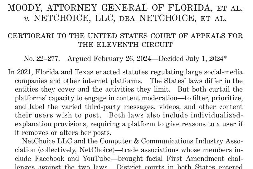 Syllabus of Moody v. NetChoice, decided July 1, 2024, on Florida and Texas social media laws