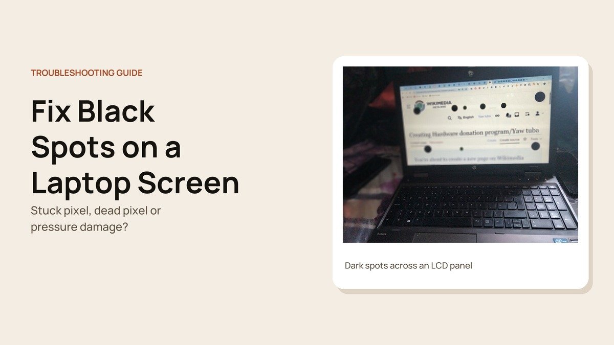 Fix Black Spots on a Laptop Screen headline beside a photo of an LCD with dark spots