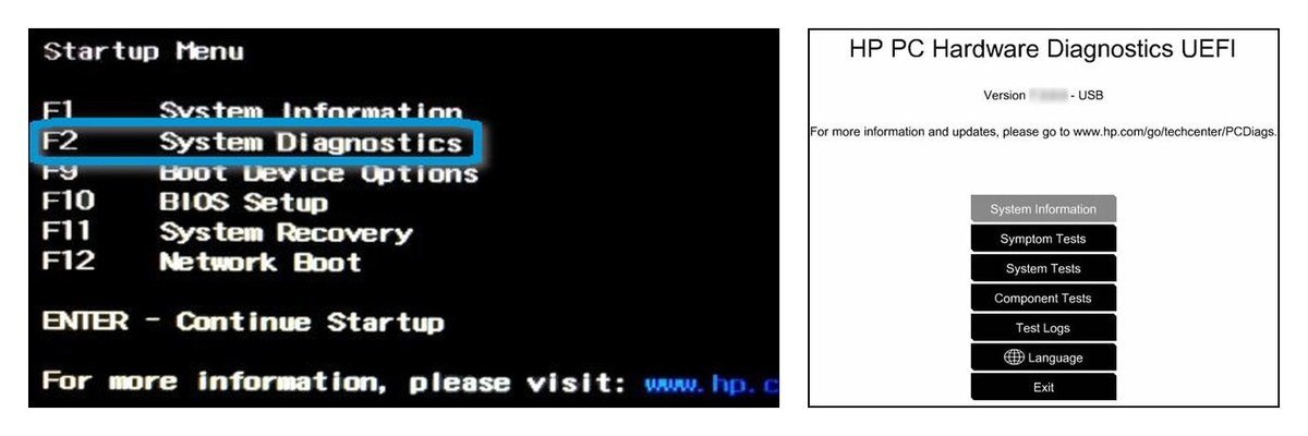 HP Startup Menu with F2 System Diagnostics highlighted, beside the HP PC Hardware Diagnostics UEFI main menu
