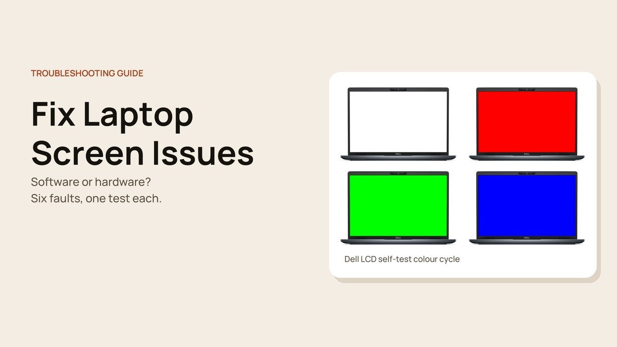 Fix Laptop Screen Issues headline beside Dell self-test screens in white, red, green and blue