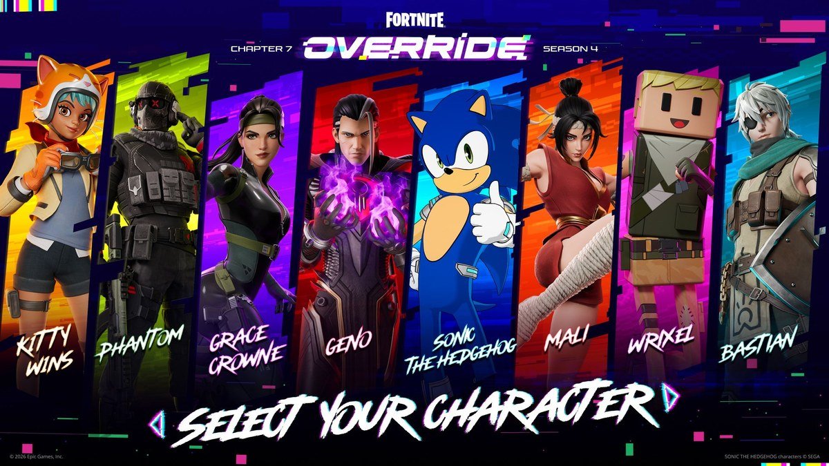 Chapter 7 Season 4 Override character select artwork showing the season battle pass outfits