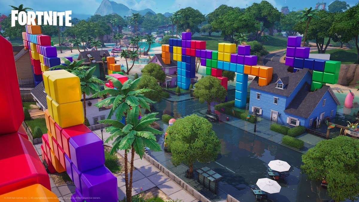 Giant Tetris blocks stacked over a Fortnite town, one of the Override season crossover changes
