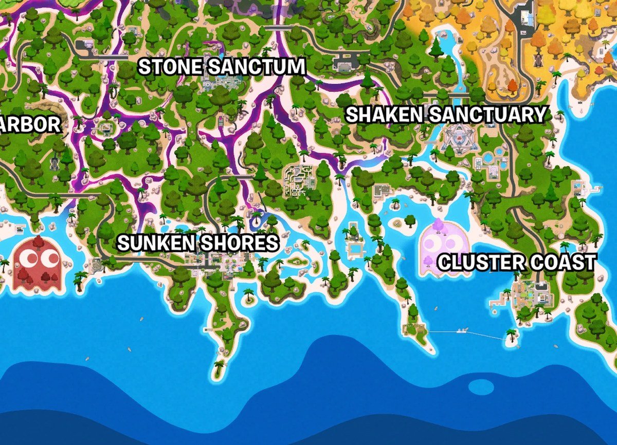 Southern half of the Fortnite Override island map with Sunken Shores and Cluster Coast marked