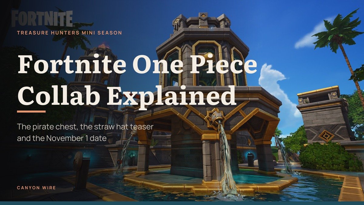Fortnite One Piece collab headline over a stone temple on the Override island