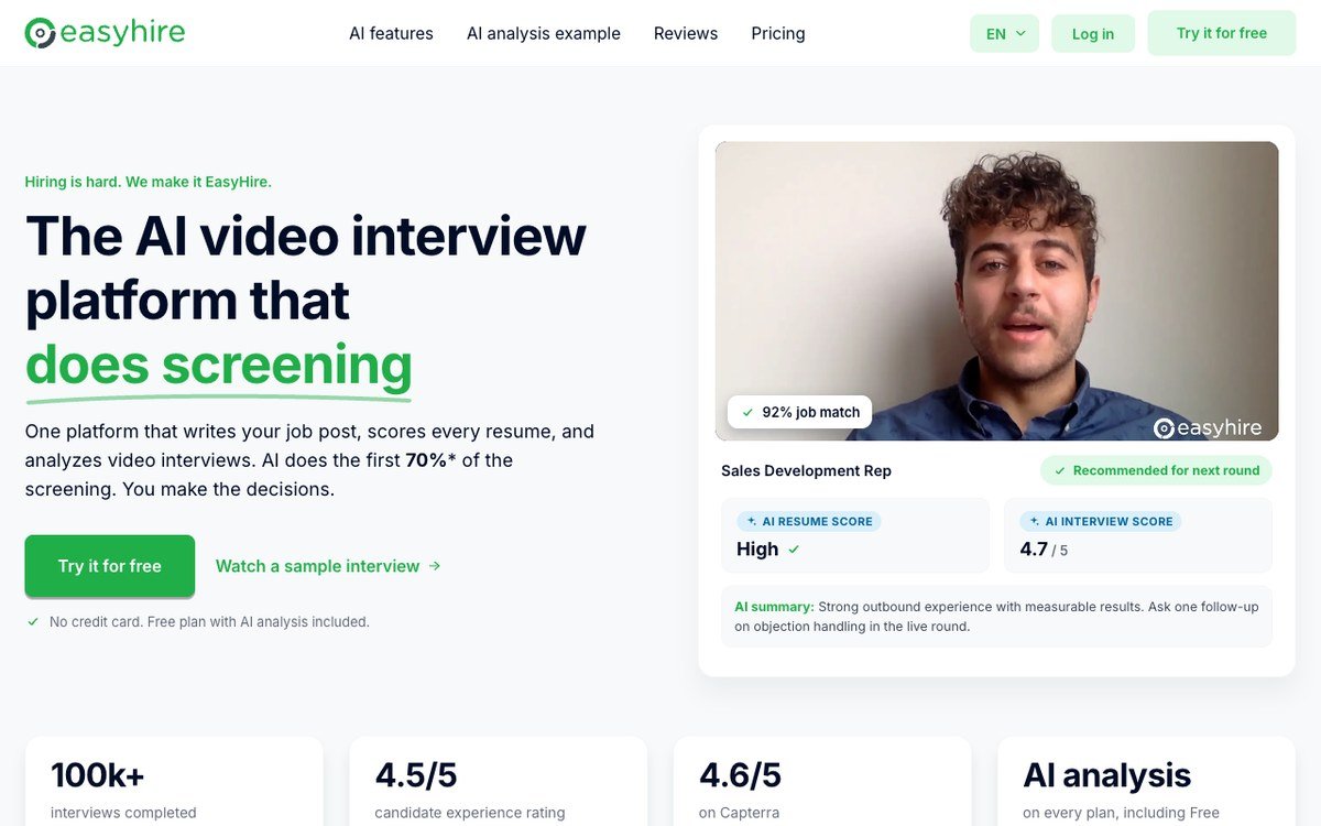 EasyHire home page showing an AI-scored one-way video interview with a candidate summary