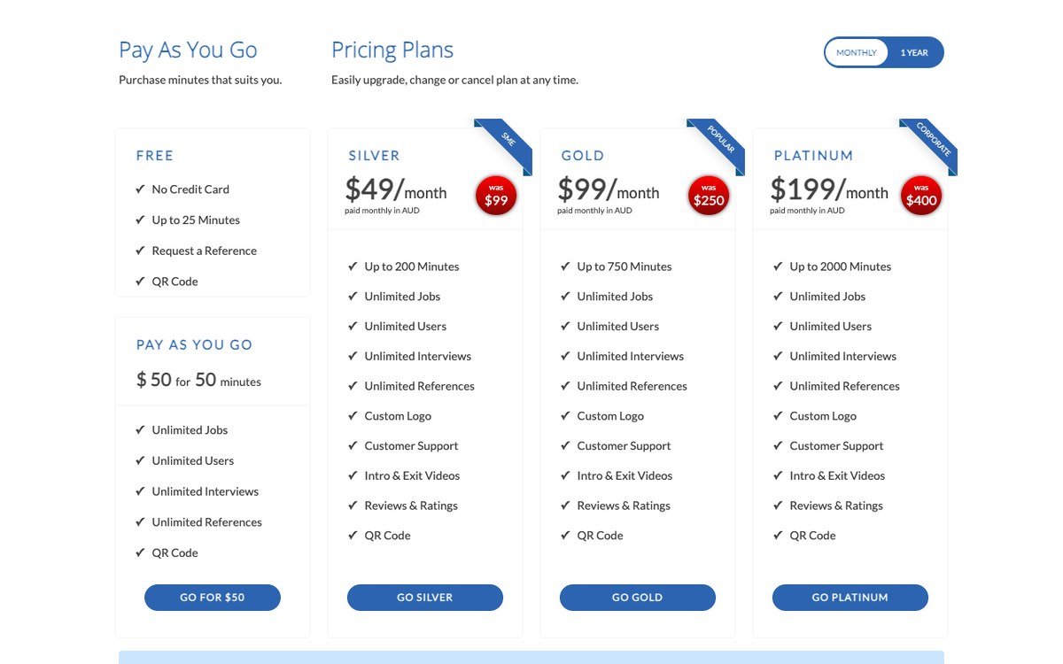 Facecruit pricing page showing the free tier, Pay As You Go and the Silver, Gold and Platinum plans