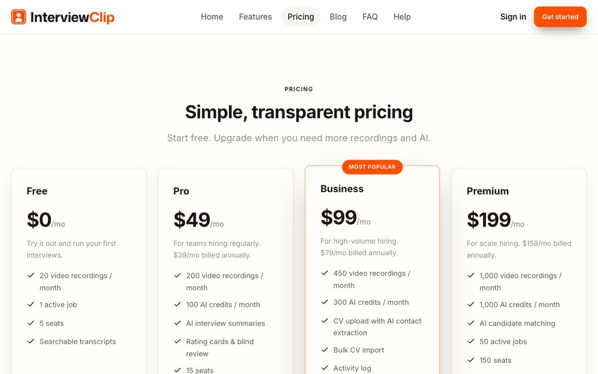 InterviewClip pricing page showing the Free, Pro, Business and Premium plans