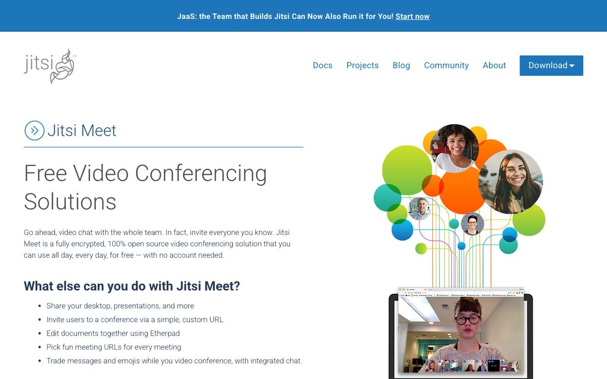 Jitsi Meet page describing its free, open source video conferencing